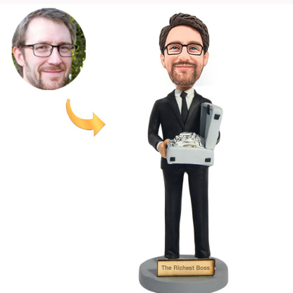 Handcraft Custom Bobbleheads Rich Boss Holding Money Box with Custom Text