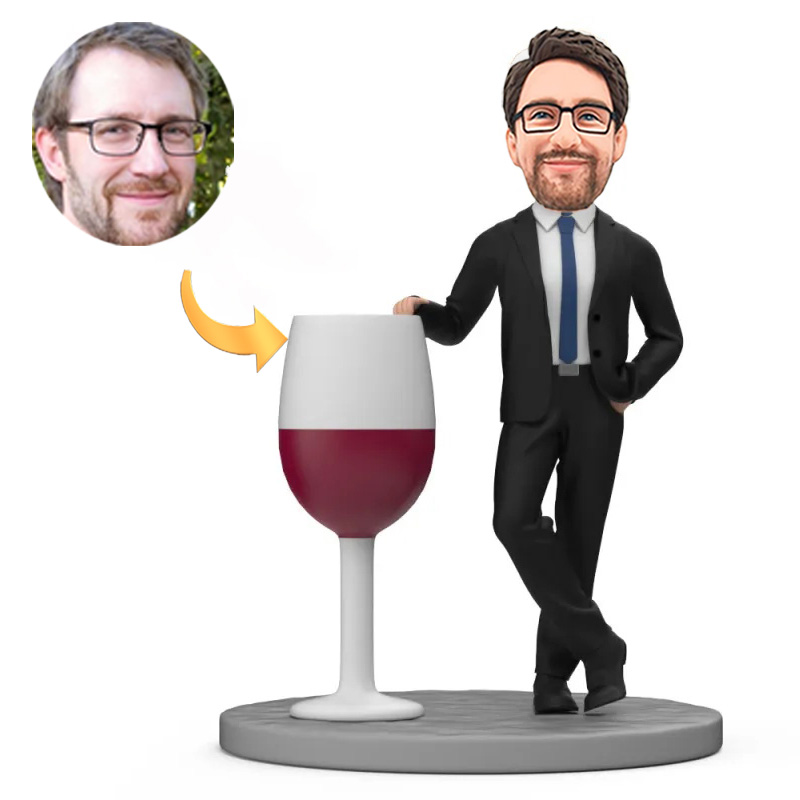 Handcraft Custom Bobbleheads Man Leaning on Wine Glass Boss Day Gifts