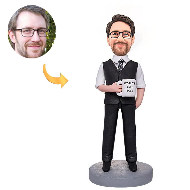 Handmade World's Best Boss Holding Water Cup Custom Bobbleheads Boss Day Gifts