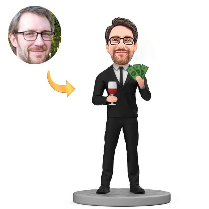 Handmade Boss Holding Dollars and Wine Glass Custom Bobbleheads Boss Day Gifts
