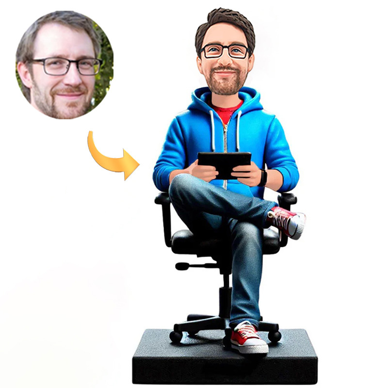Handmade Boss Sitting on Chair Playing with Tablet Custom Bobbleheads Boss Day Gifts