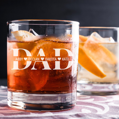 Custom Dad Whiskey Glass with Kid Names Fathers Day Gifts Personalized Engraved Glass Gifts for Grandpa