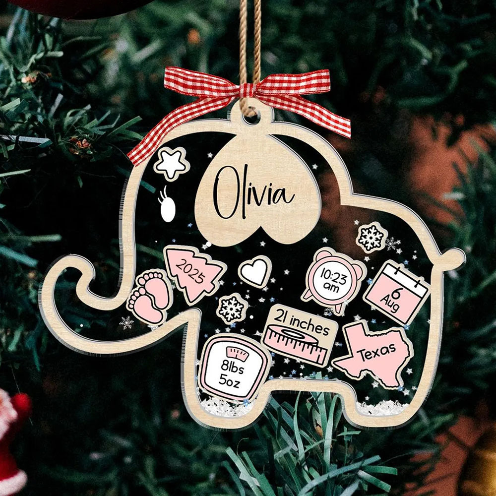 Personalized Baby First Christmas 4D Shaker Ornament Elephant Kid Boy Girl Xmas Gifts for Baby