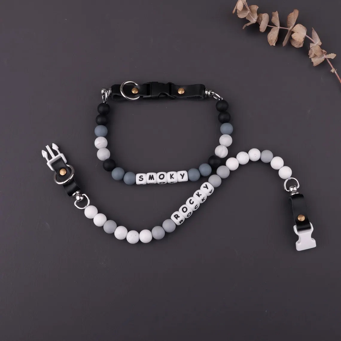 Personalized Black and White Custom Beaded Name Dog Collar Handmade Gift for Pet Lover