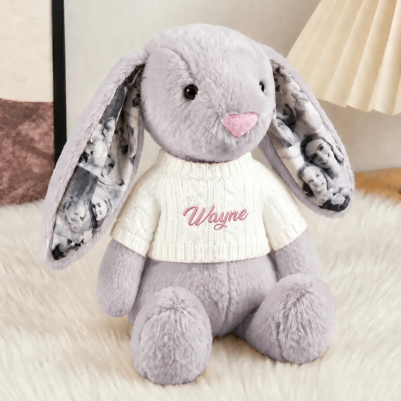 Personalized Photo Bunny Plush with Embroidered Name Sweater Custom Memory Stuffed Rabbit with 4 Photos Anniversary Gift for Couples