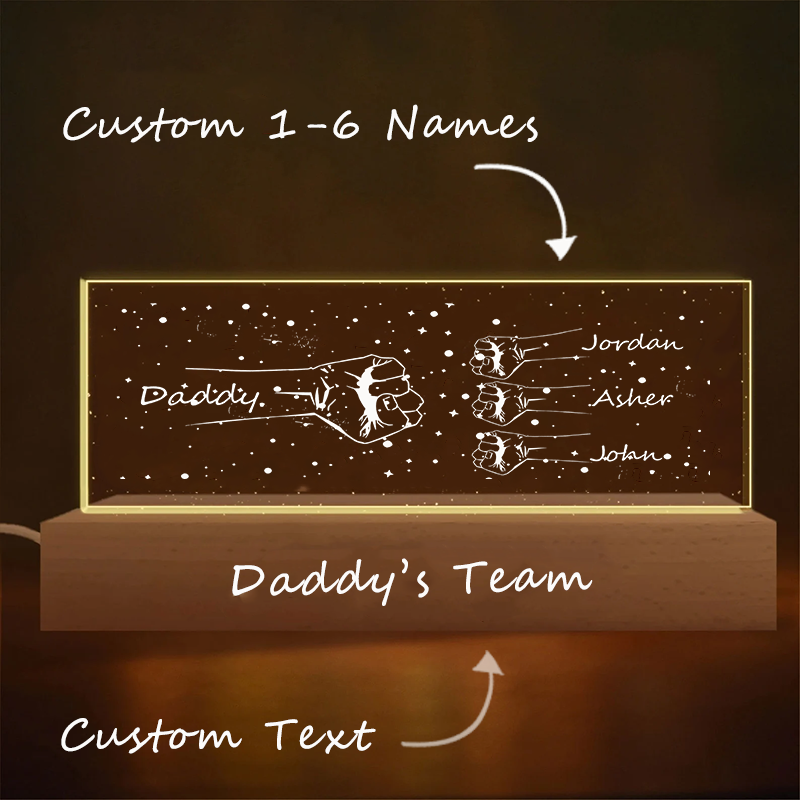 Personalized Daddy's Team Fist Bump Acrylic LED Night Light Custom Dad and Kids Family Hands Lamp Fathers Day Gifts