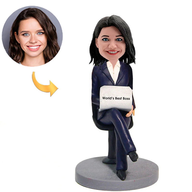 Handmade Female Boss Working with Computer Custom Bobbleheads Boss Day Gifts