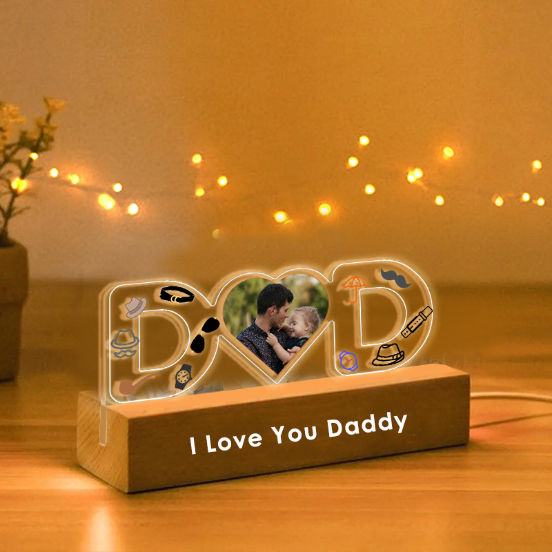 Personalized Dad Heart Photo Night Light Custom Text and Name LED Lamp Light Fathers Day Gift