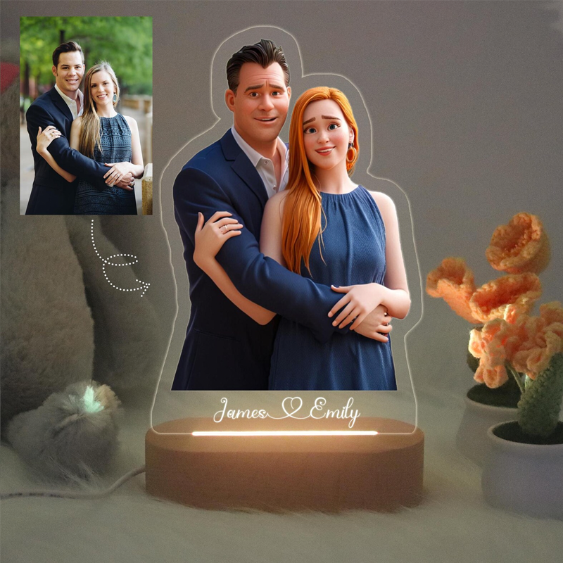 Personalized Photo Cartoon Style 3D Photo Frame LED Night Light with Text Pixar Inspired Portraits Family Gifts