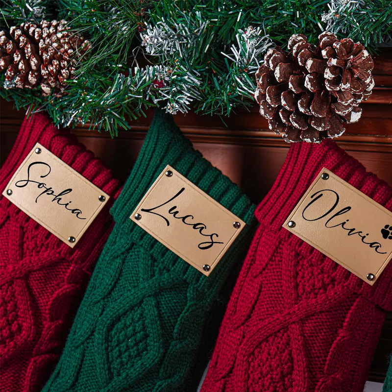 Personalized Name Leather Patch Christmas Sock Stockings Name Custom Knit Stockings Family Christmas Gifts