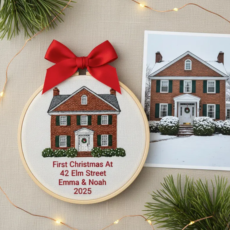 Custom House Embroidered Ornament First Christmas at New Home Gift Personalized Home Portrait and Address Embroidery Hoop Wedding or Housewarming Gift