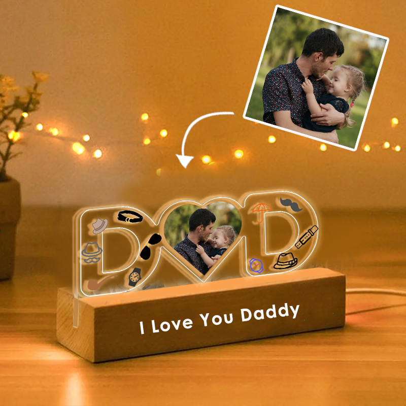 Personalized Dad Heart Photo Night Light Custom Text and Name LED Lamp Light Fathers Day Gift