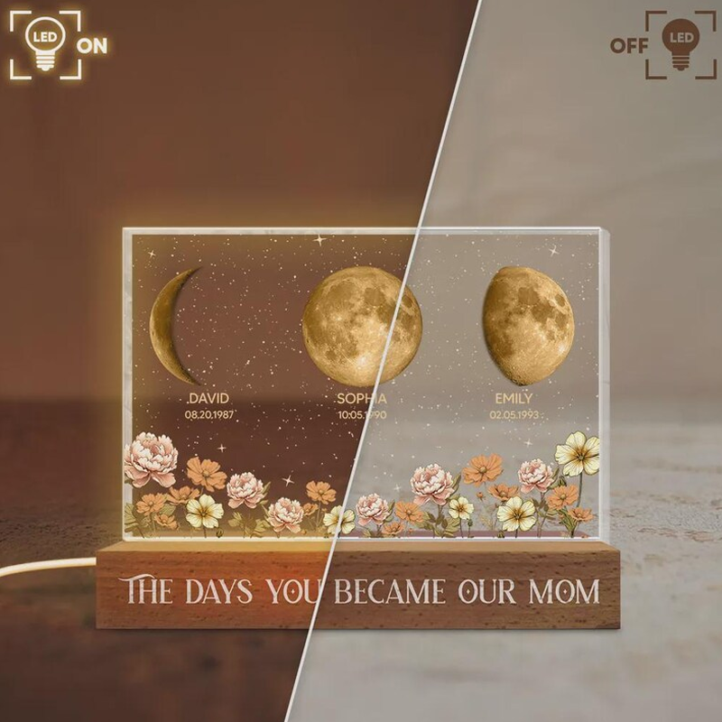 The Day You Become Mom/Grandma Moon Phase LED Night Light Custom Kids Names & Birth Date Lamp Mother's Day Gift for Mom and Grandma