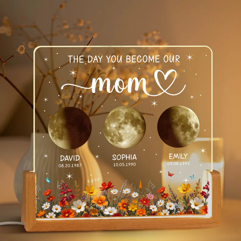 Custom Kids Moon Phase Night Light Personalized Moon Phase Crystal Lamp The Day You Become Our Mom Gifts for Mom Grandma