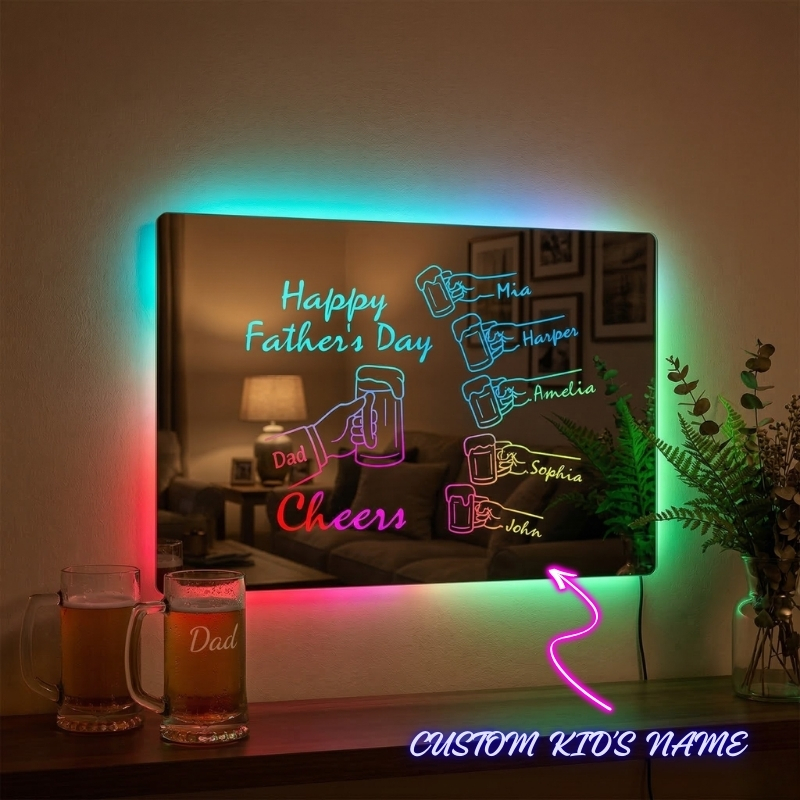 Personalized Cheers Dad Mirror Light Custom Dad & Child Names Happy Father's Day Whiskey Beer Theme Lamp