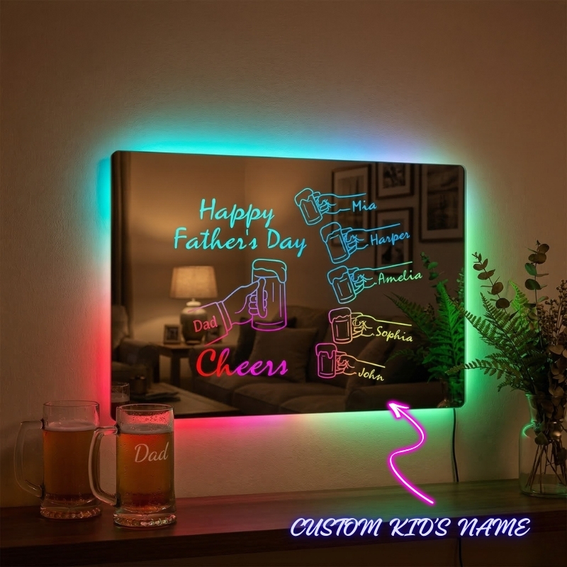Personalized Cheers Dad Mirror Light Custom Dad & Child Names Happy Father's Day Whiskey Beer Theme Lamp
