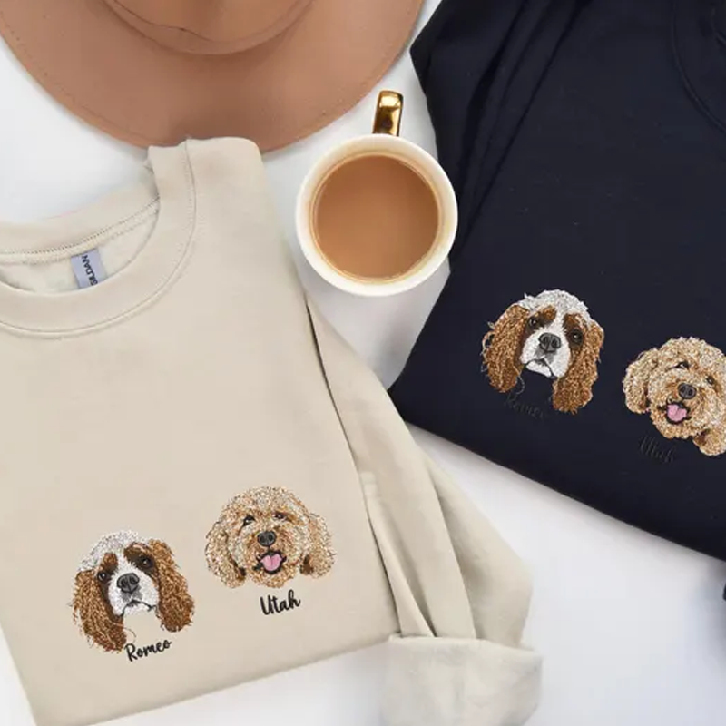 Custom Pet Portrait Sweatshirt with 1 to 3 Pets Photos and Names Embroidered Hoodie Gifts for Cat Lover & Dog Lovers