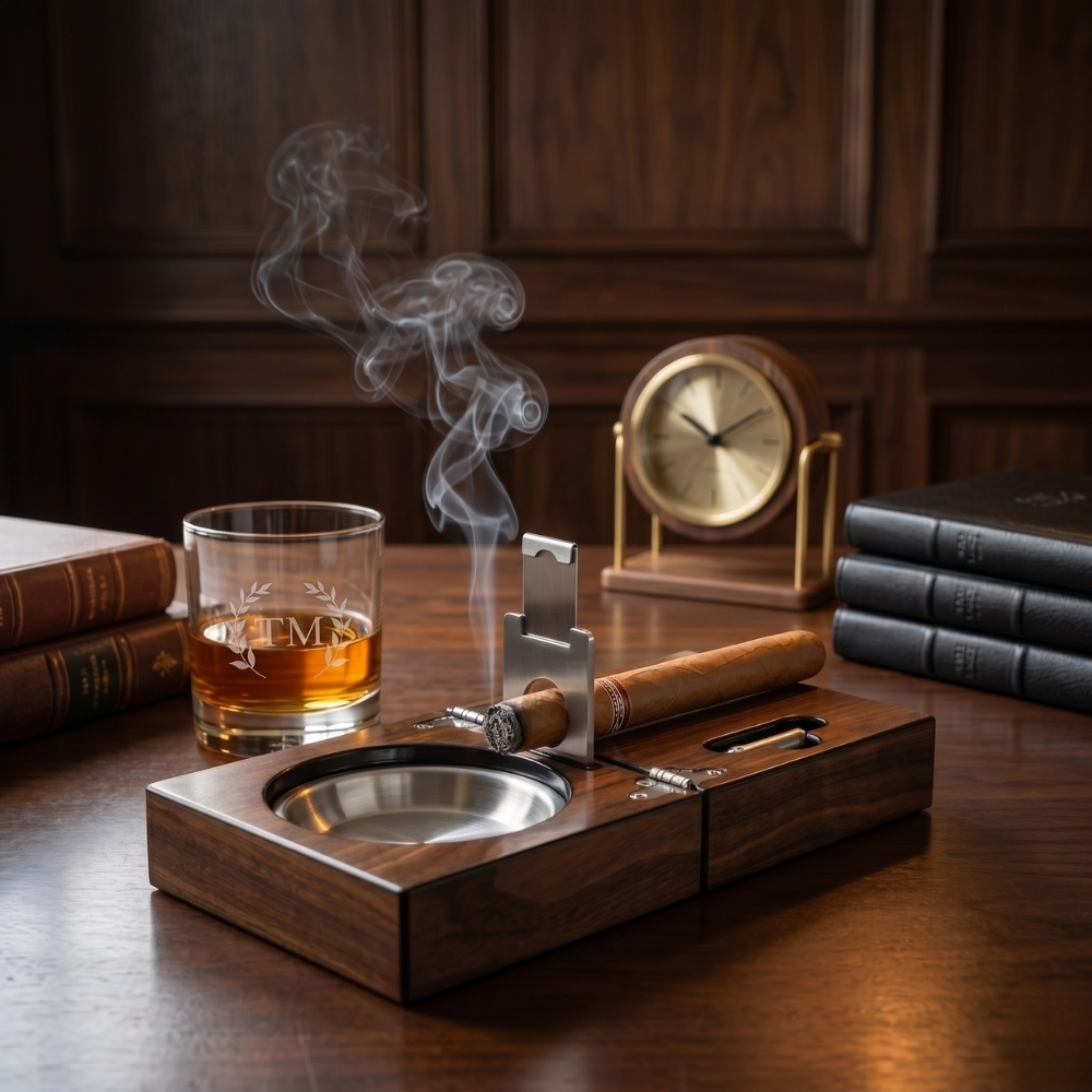 Personalized Cigar Ashtray Walnut Box Set Engraved Wood Ashtray with Ashtray Guillotine & Custom Cigar Cutter Gifts for Him
