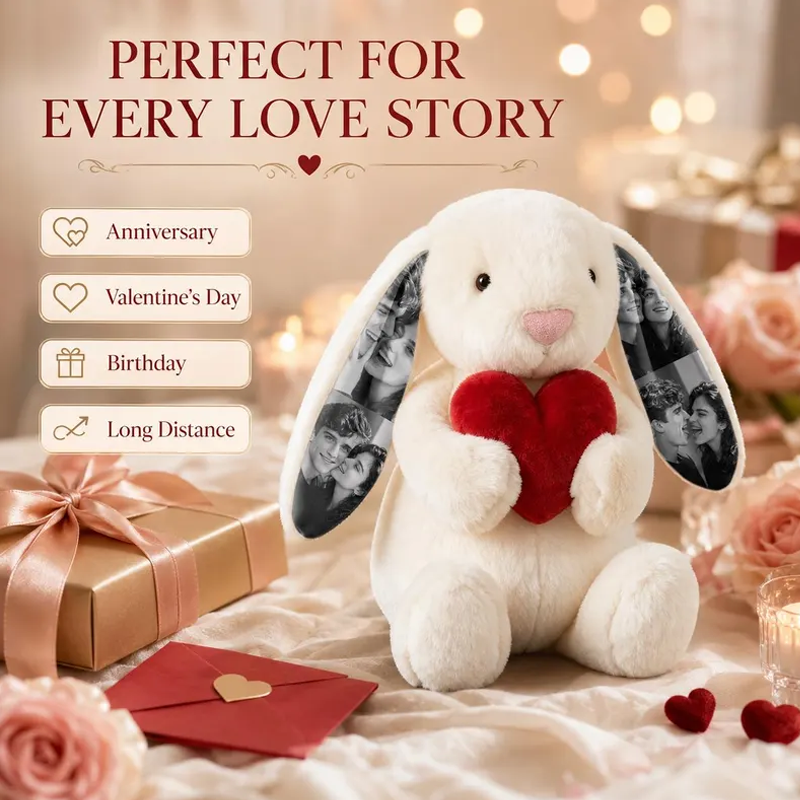 Personalized Photo Bunny Plush with Red Love Heart Custom Hidden Ear Picture Keepsake Stuffed Rabbit Anniversary and Valentine’s Day Gift for Couples