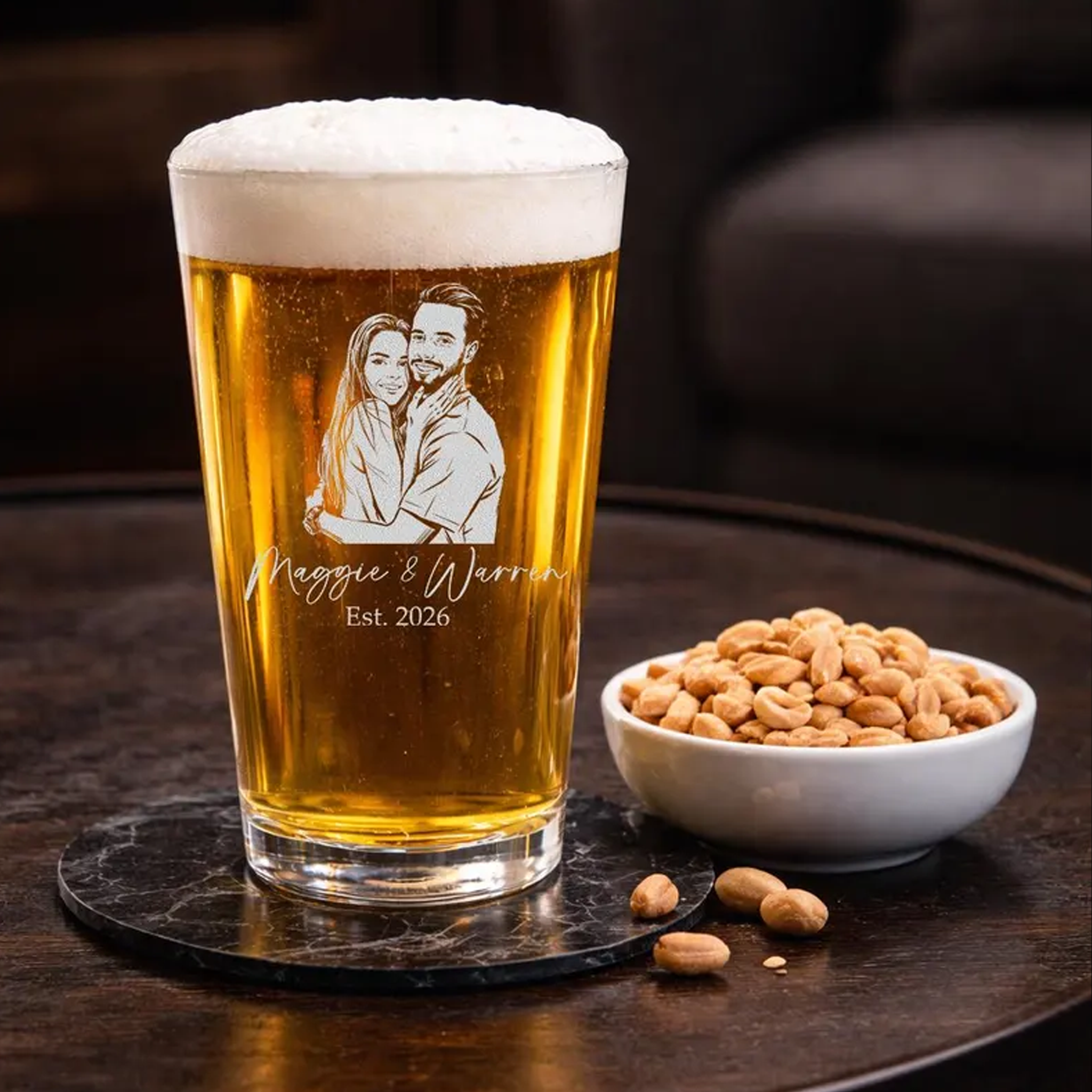 Personalized Photo Beer Pint Glass with Custom Text Laser Etched Couples Portrait Glass Anniversary Wedding Gift