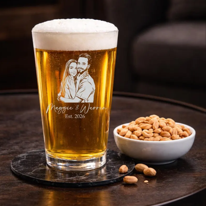 Personalized Photo Beer Pint Glass with Custom Text Laser Etched Couples Portrait Glass Anniversary Wedding Gift