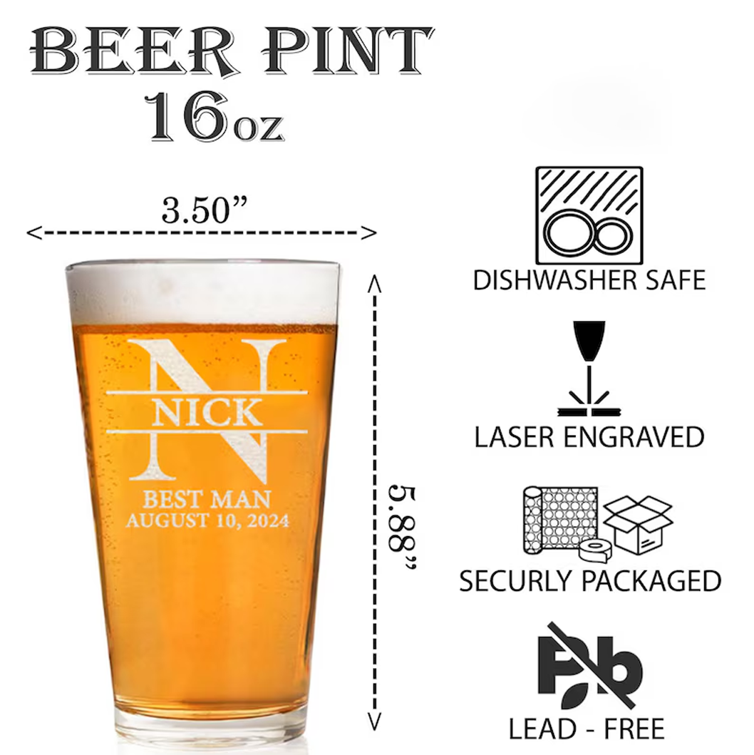 Personalized Photo Beer Pint Glass with Custom Text Laser Etched Couples Portrait Glass Anniversary Wedding Gift