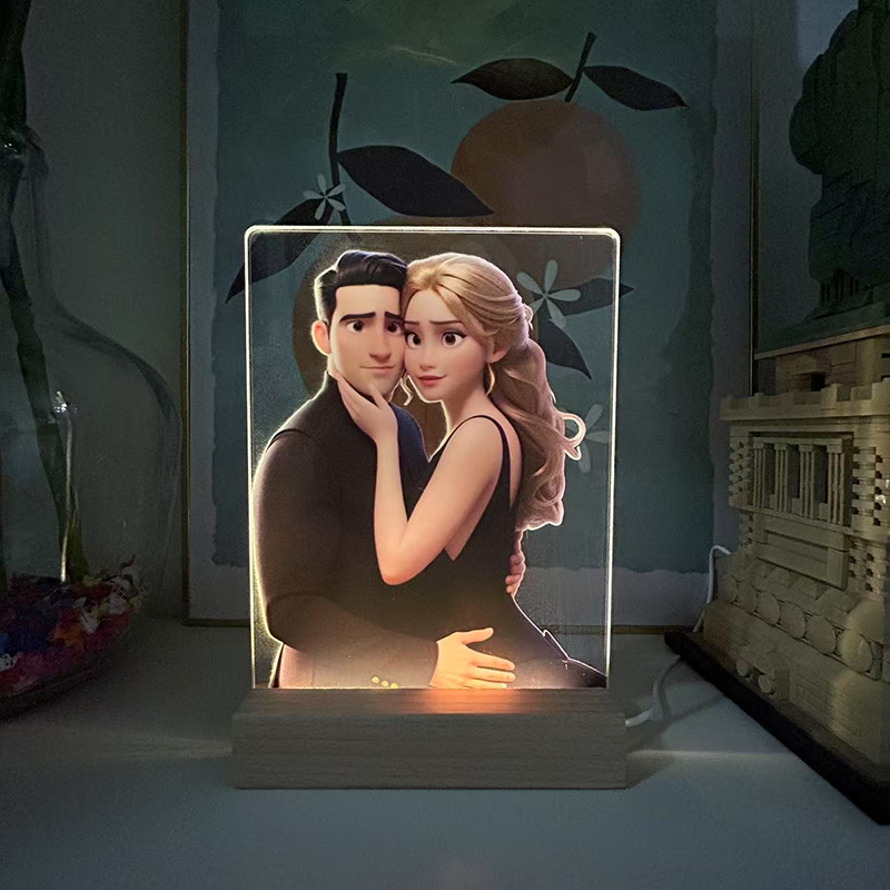 Personalized Cartoon Style 3D Photo Frame Night Light with Text Engraved Pixar Inspired Portraits