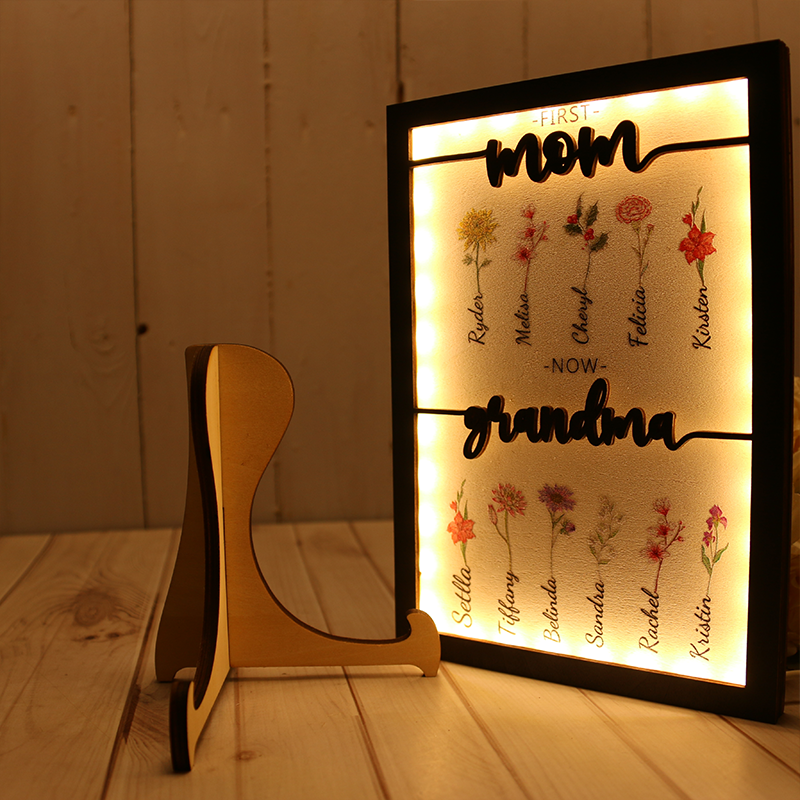Grandma Garden Wooden Sign Night Light Personalized Name Birth Month Flower Frame Gift For Mom and Grandma