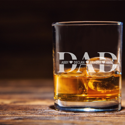 Custom Dad Whiskey Glass with Kid Names Fathers Day Gifts Personalized Engraved Glass Gifts for Grandpa