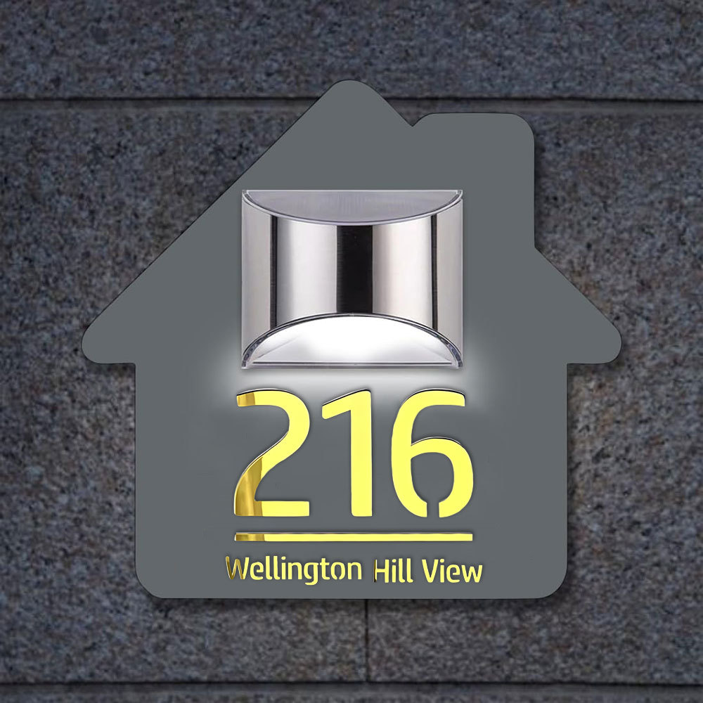 Personalized Door Address Plaque Solar Illuminated Waterproof Address House Signs Laser Cut Mirror Number Sign with LED Light House Warming Gifts