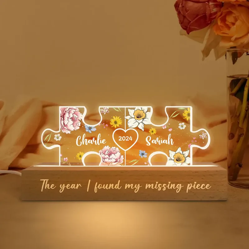 Personalized Acrylic LED Night Light You Are My Missing Piece Couple Initials Puzzle Floral Theme Anniversary Gift for Her
