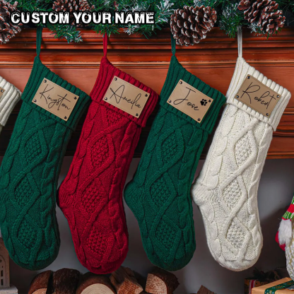 Personalized Name Leather Patch Christmas Sock Stockings Name Custom Knit Stockings Family Christmas Gifts
