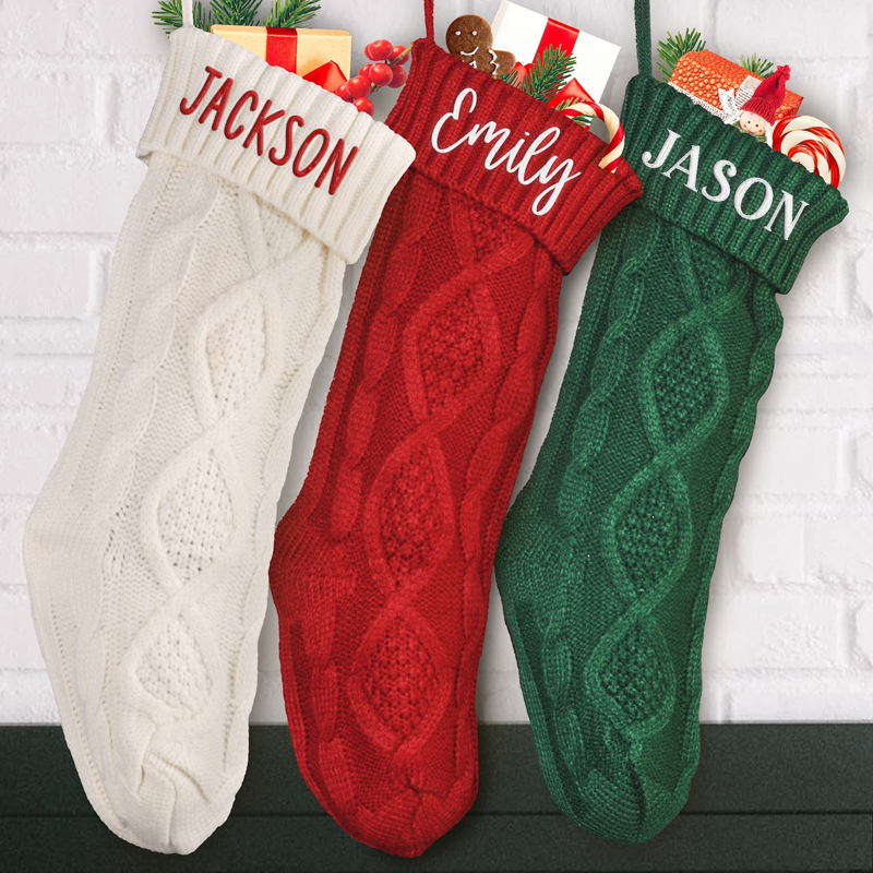 Personalized Embroidered Knit Christmas Stockings Ornament Knitted Sock Holiday Stockings with Name Christmas Gifts