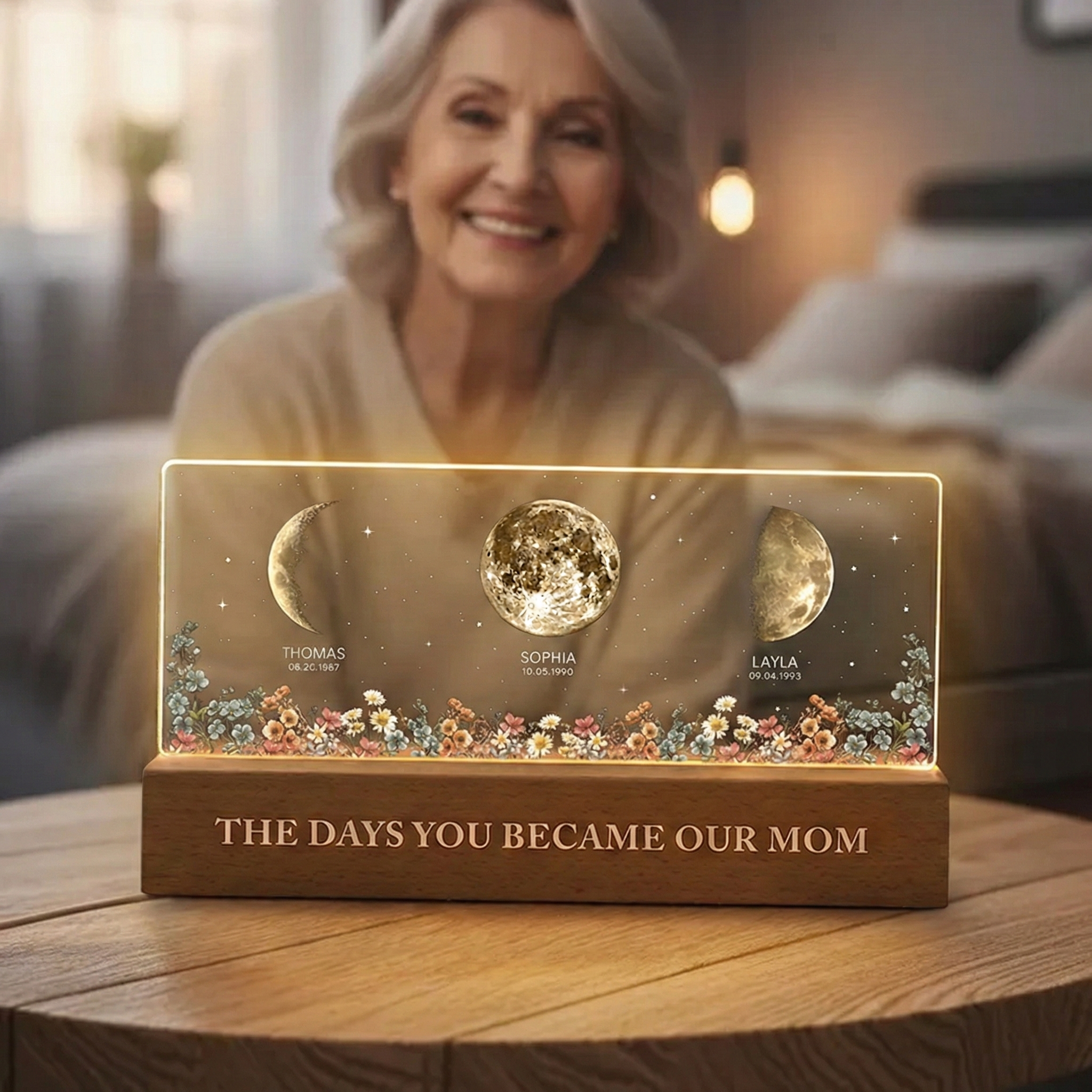 The Day You Become Mom/Grandma Moon Phase LED Night Light Custom Kids Names & Birth Date Lamp Mother's Day Gift for Mom and Grandma