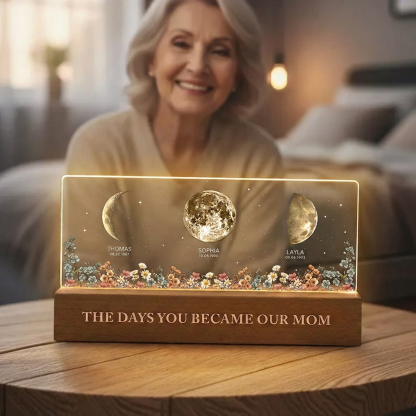 The Day You Become Mom/Grandma Moon Phase LED Night Light Custom Kids Names & Birth Date Lamp Mother's Day Gift for Mom and Grandma