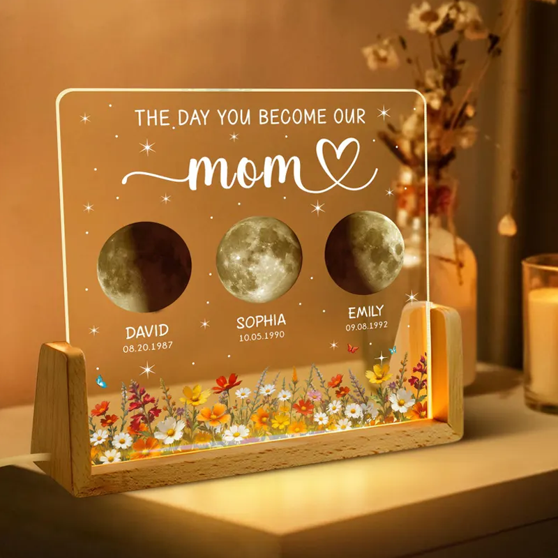 Custom Kids Moon Phase Night Light Personalized Moon Phase Crystal Lamp The Day You Become Our Mom Gifts for Mom Grandma