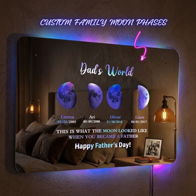 Custom LED Mirror Light Frame with Text and Date Personalized Moon Phase Mirror Lamp Dad's Universe Gift for Dad