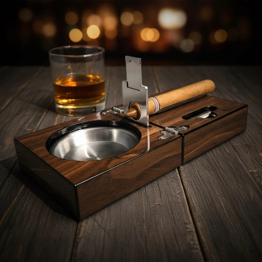 Personalized Cigar Ashtray Walnut Box Set Engraved Wood Ashtray with Ashtray Guillotine & Custom Cigar Cutter Gifts for Him
