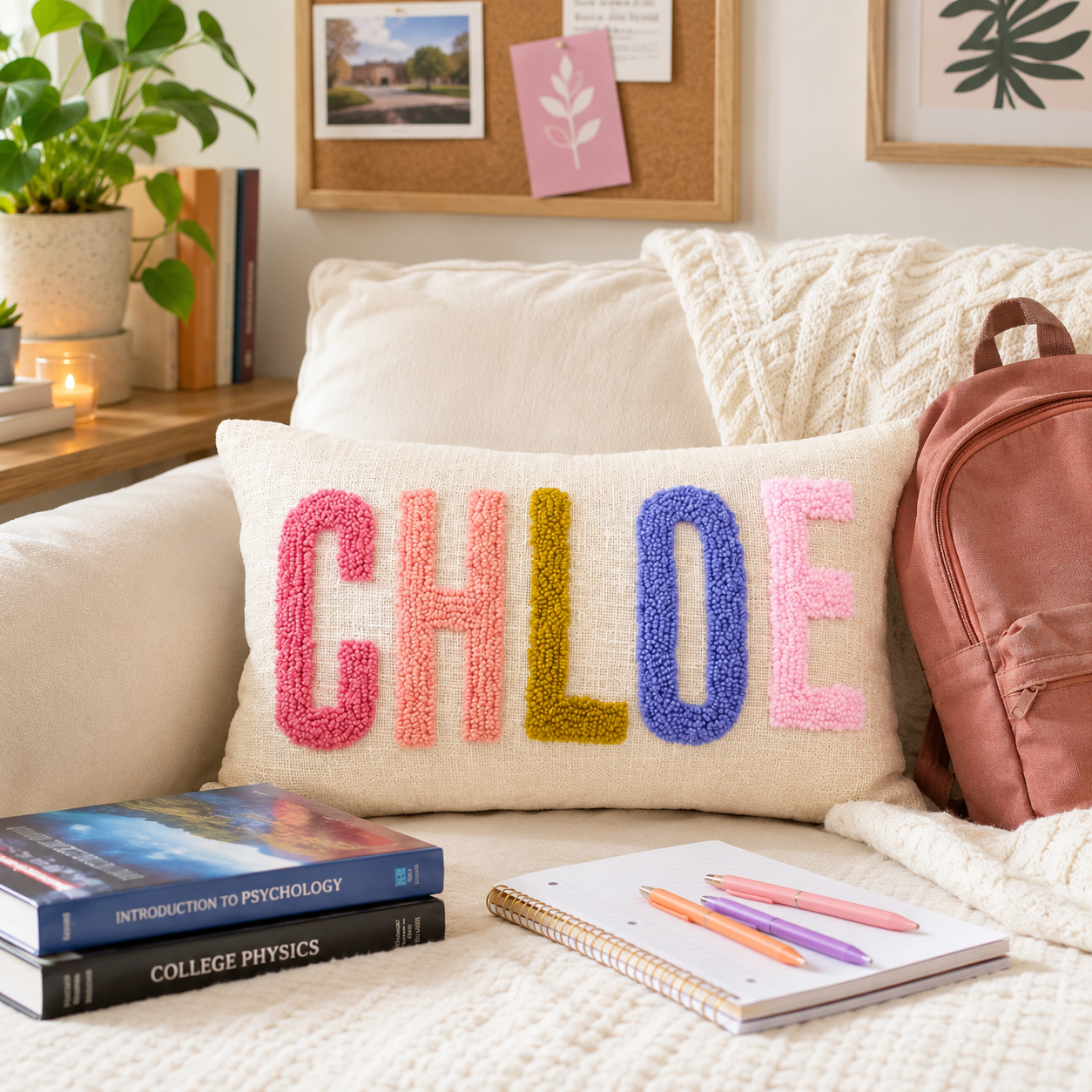 Finished Handmade Personalized Name Embroidered Pillow Back to School Gifts Punch Needle Dorm Decor Gift for Students