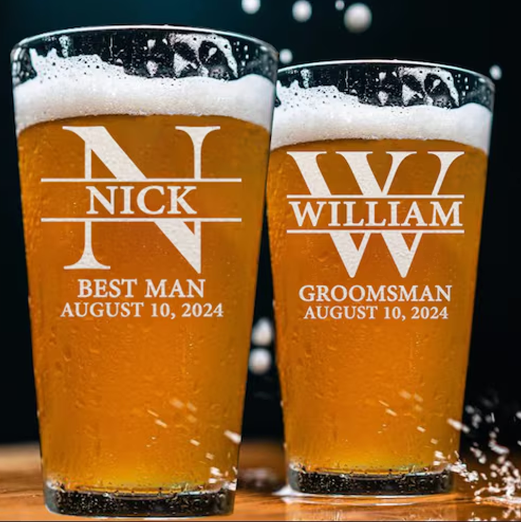 Personalized Groomsman Beer Pint Glass with Custom Logo Engraved Best Man Glass Wedding Party Gift for Groomsmen