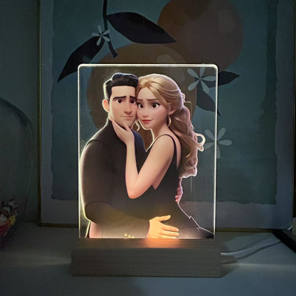 Personalized Cartoon Style 3D Photo Frame Night Light with Text Engraved Pixar Inspired Portraits