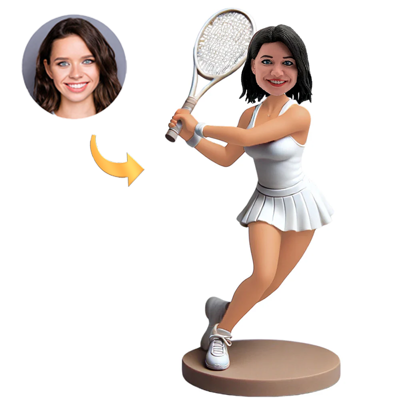 Handmade Female Tennis Player in White Skirt Custom Bobbleheads Add Text