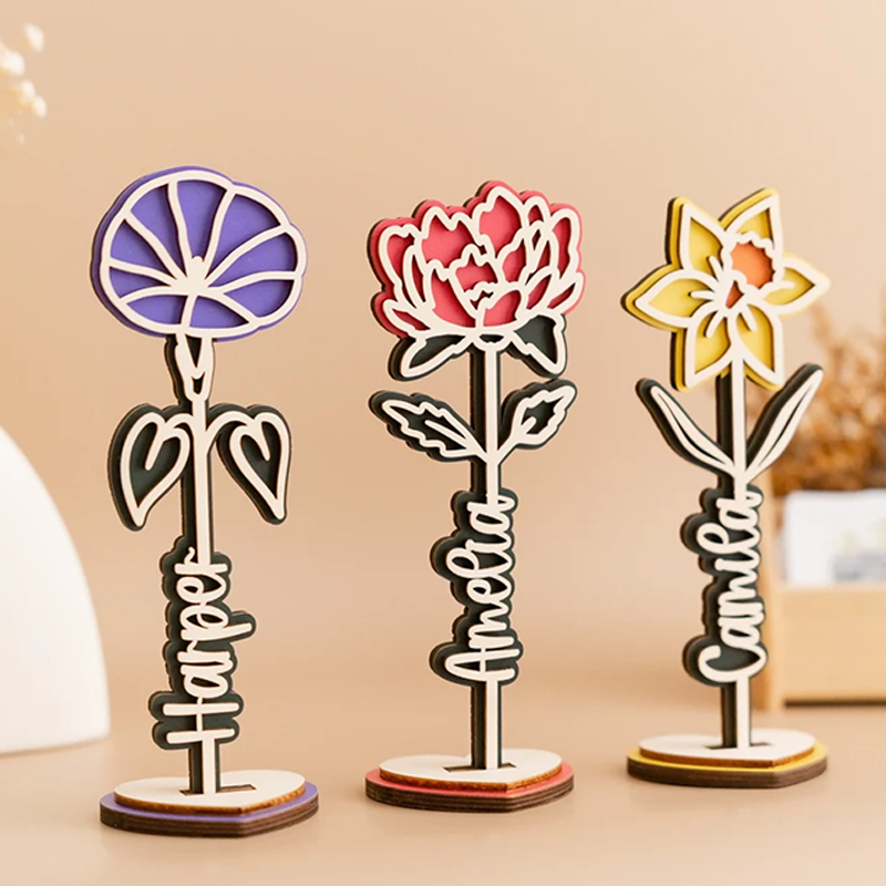 Personalized Wooden Rose Flower Name Stand Laser Cut Plywood Names & Birth Month Flowers Gifts for Mom