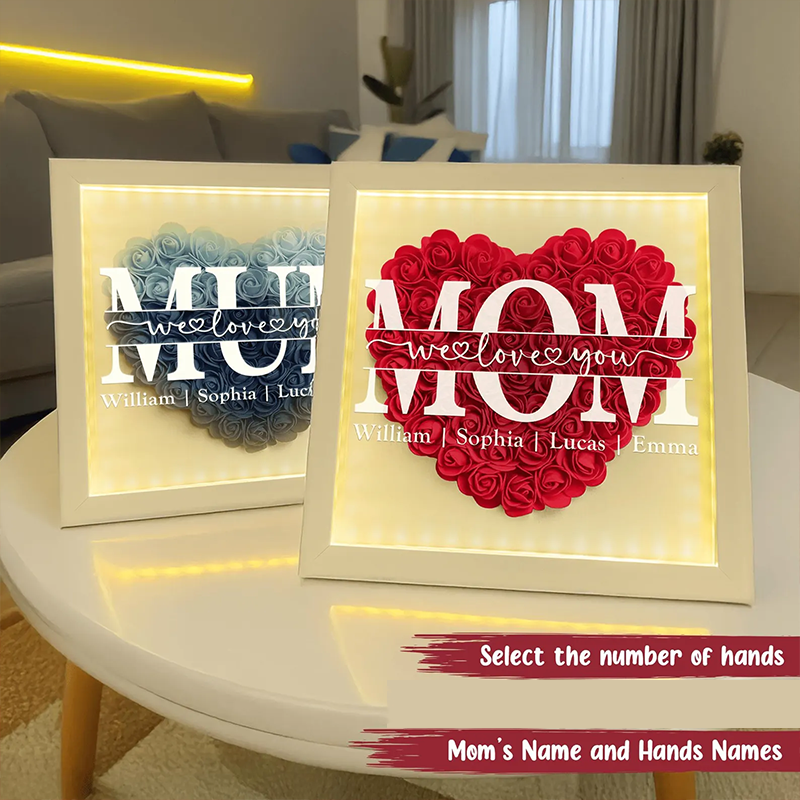 Personalized Mom Flower Shadow Box with Kids Name Custom Heart Rose Frame with LED Light Mother's Day Gift