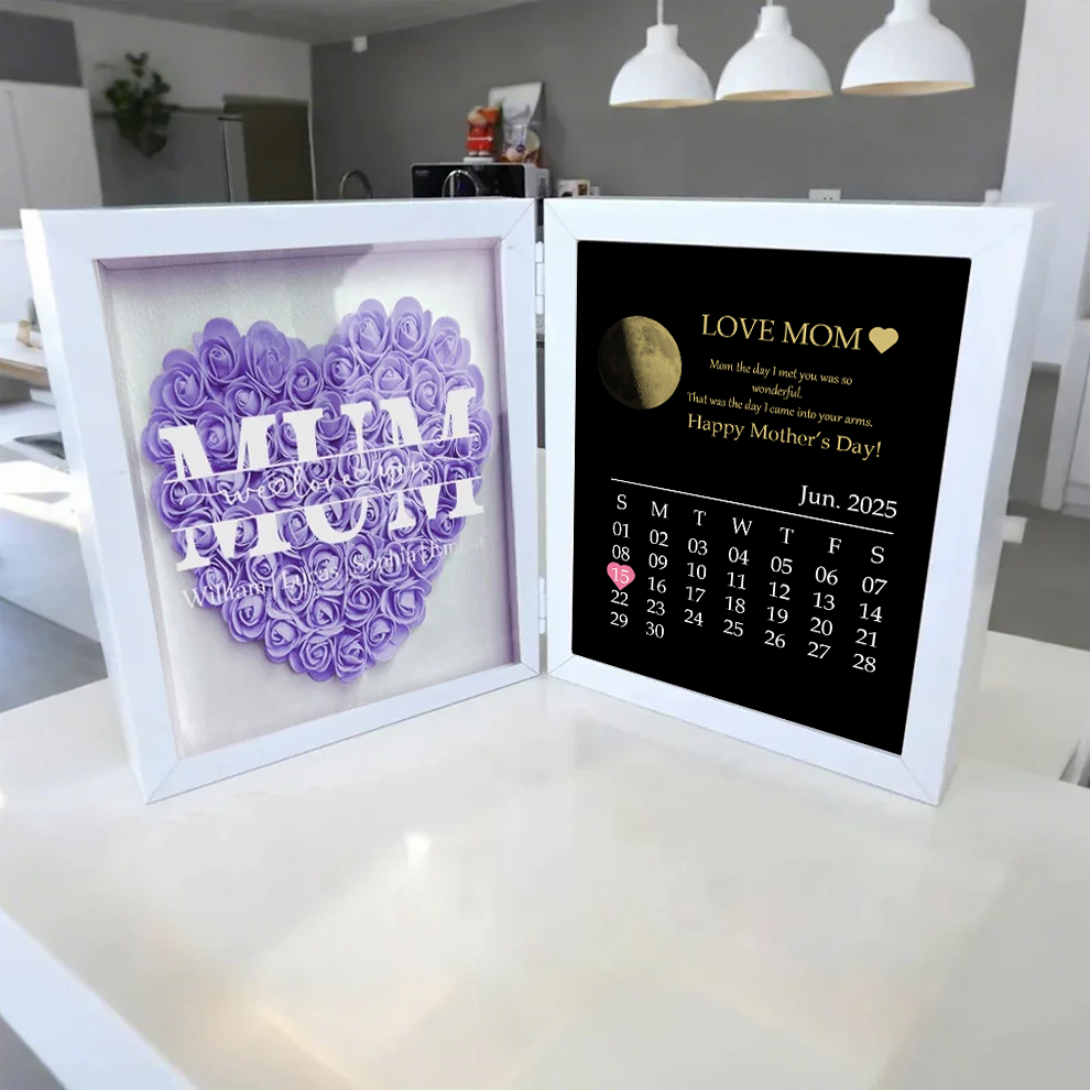 Custom Real Moon Phase Heart Flower Shadow Box Personalized Names Mom We Love You Flower Frame Calendar Unique Gift for Mother