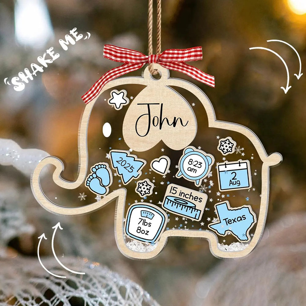 Personalized Baby First Christmas 4D Shaker Ornament Elephant Kid Boy Girl Xmas Gifts for Baby