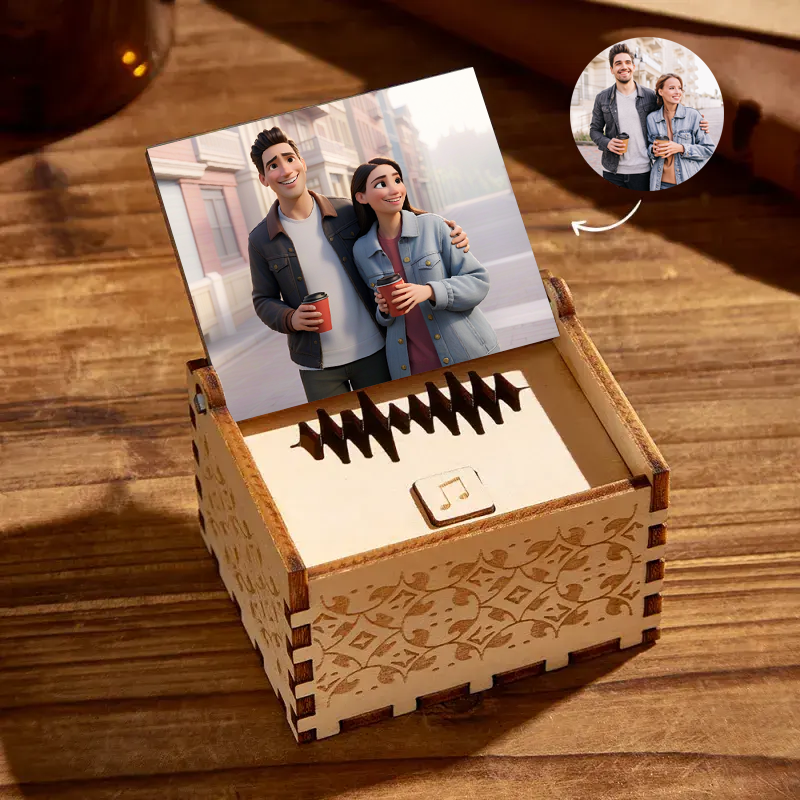 Custom Your Song and Portrait Photo Cartoon Style Music Box Can Play Whole Song Fathers Day Gifts
