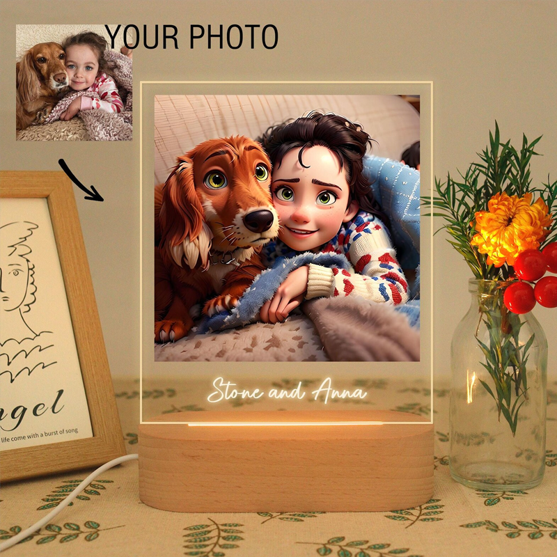 Personalized Pixar Portrait Photo Cartoon Style 3D LED Photo Frame Night Lights with Text Christmas Gifts