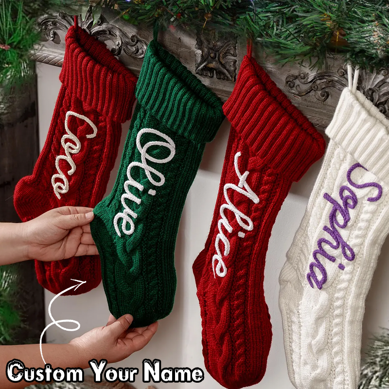 Handmade Personalized Name Hand Embroidered Christmas Stockings Custom Knit Socks Ornament with Name Family Xmas Gifts