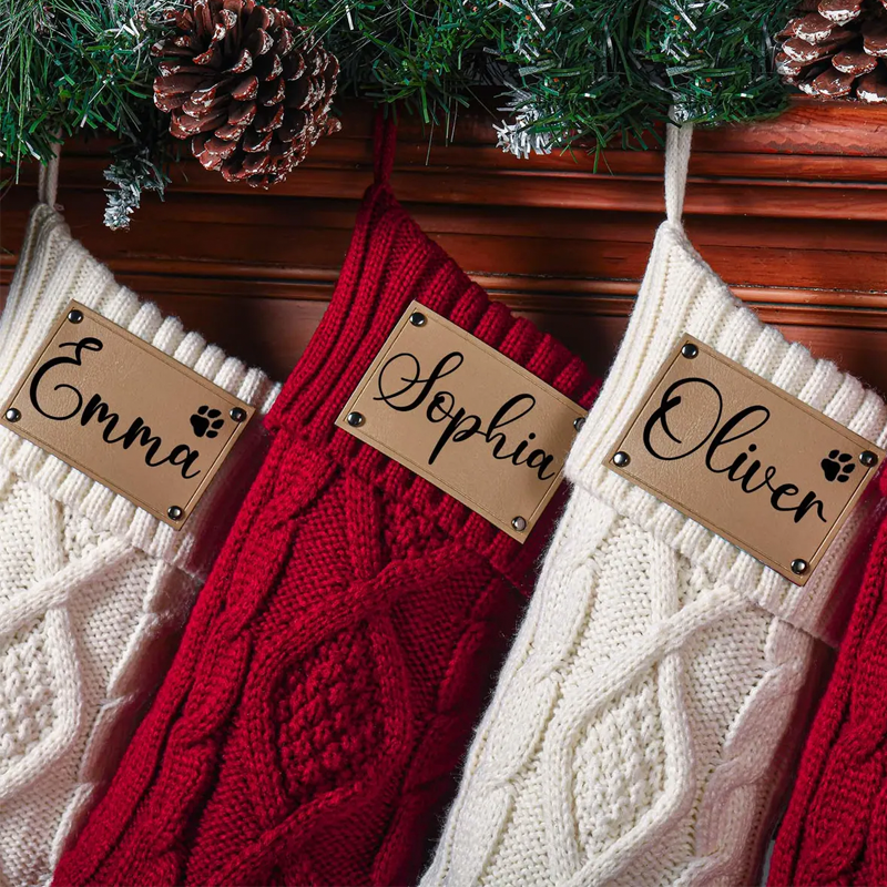 Personalized Name Leather Patch Christmas Sock Stockings Name Custom Knit Stockings Family Christmas Gifts